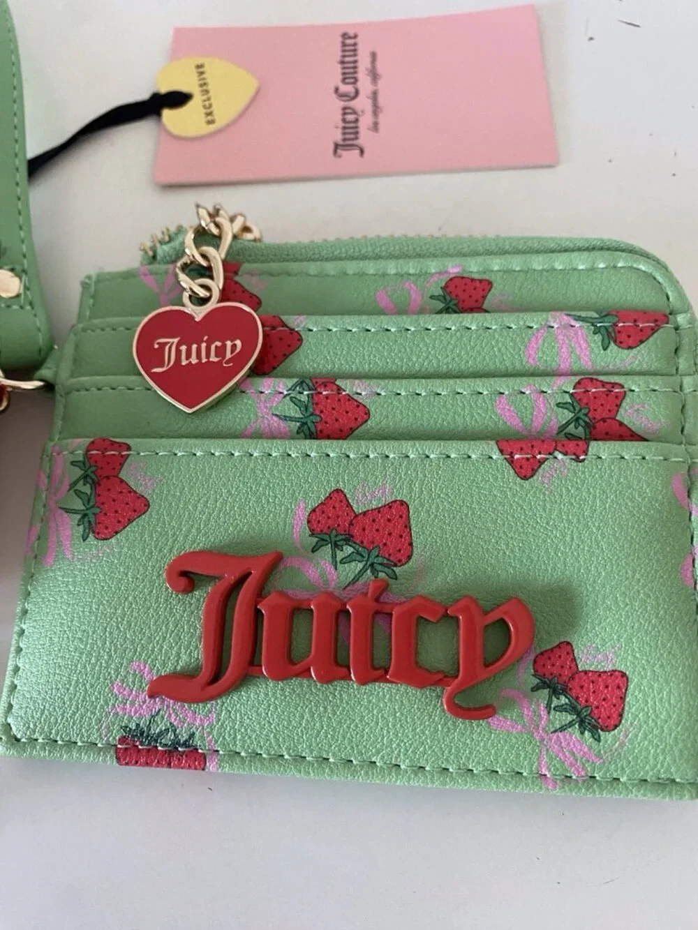 Juicy Couture‎ Sweet Strawberry Zip Card Case Wristlet Retro Green W/Coin Purse